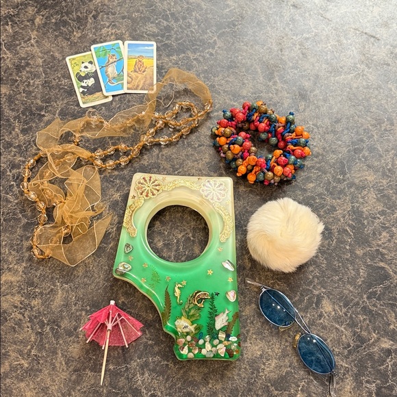 Vintage Other - Vintage 1970s Resin Art Coaster Child Sunglasses Beaded Scrunchie Fur Bunny